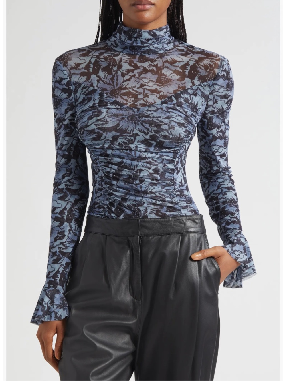 NWT Cinq a Sept Lucy lock neck mesh top floral ruched long sleeves blue small